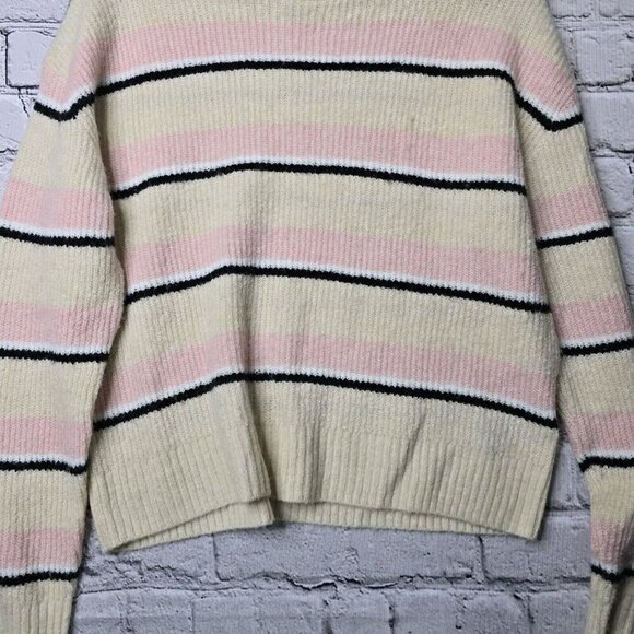 HM Divided Wool Blend Cream Pink Black Stripe Crew Neck Knit Sweater Size S - Picture 3 of 9